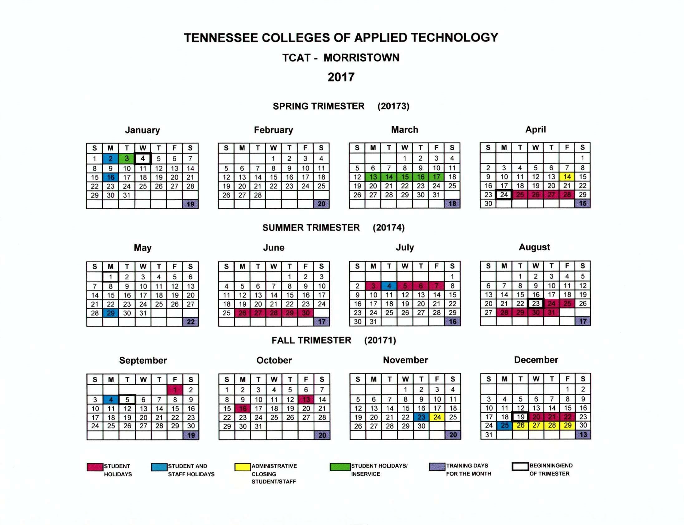 2017 Tcat Morristown Academic Calendar | 